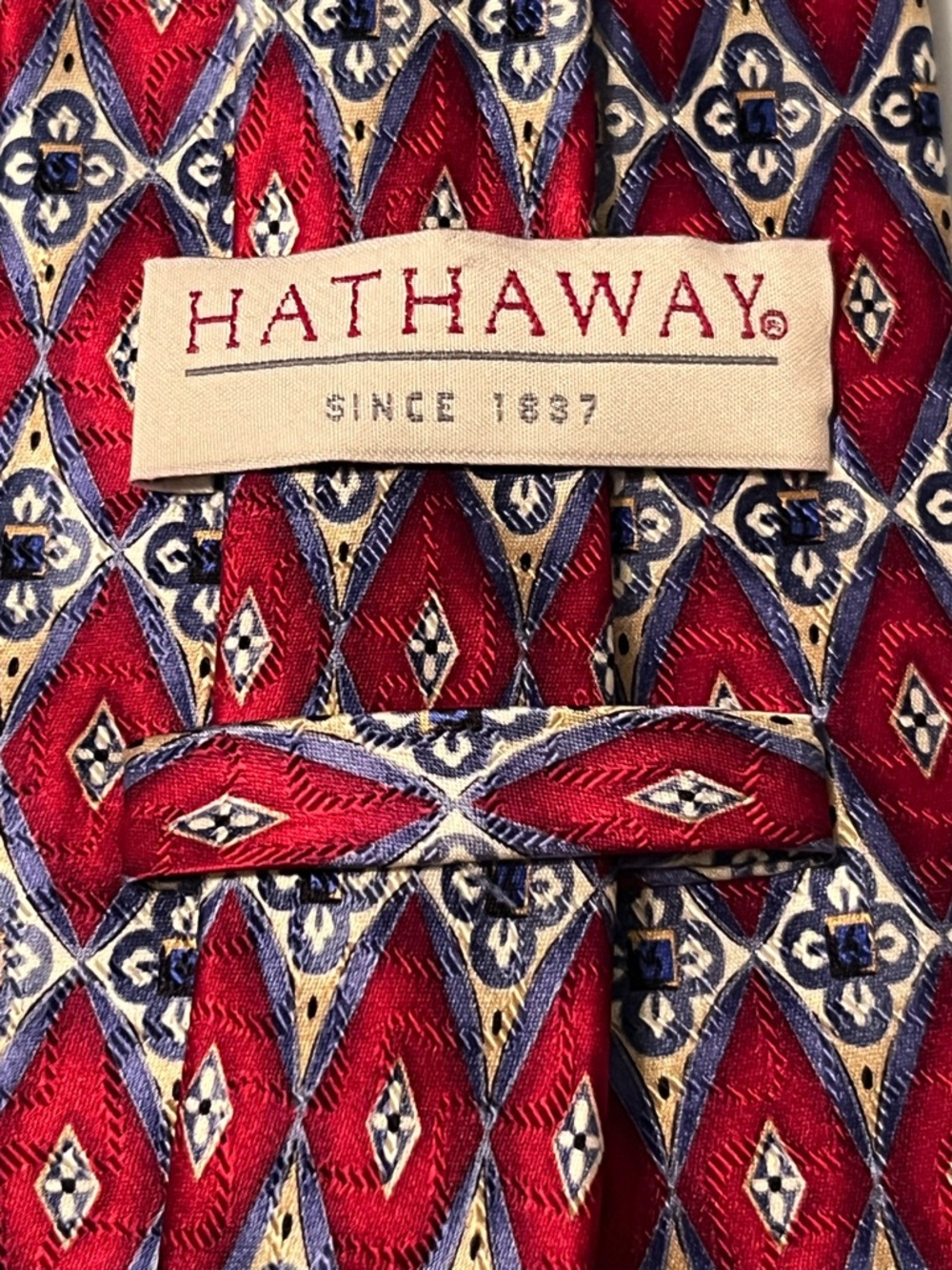 Hathaway Red and Blue Geometric Silk Tie - 61”L 4”W